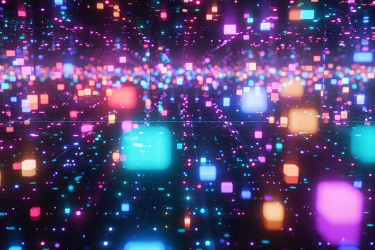 In the dark space, there is an endless sea of glowing neon color code blocks floating in it Generative AI