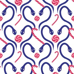 Christmas cartoon animals seamless snake pattern for new 2025 year wrapping paper and fabrics
