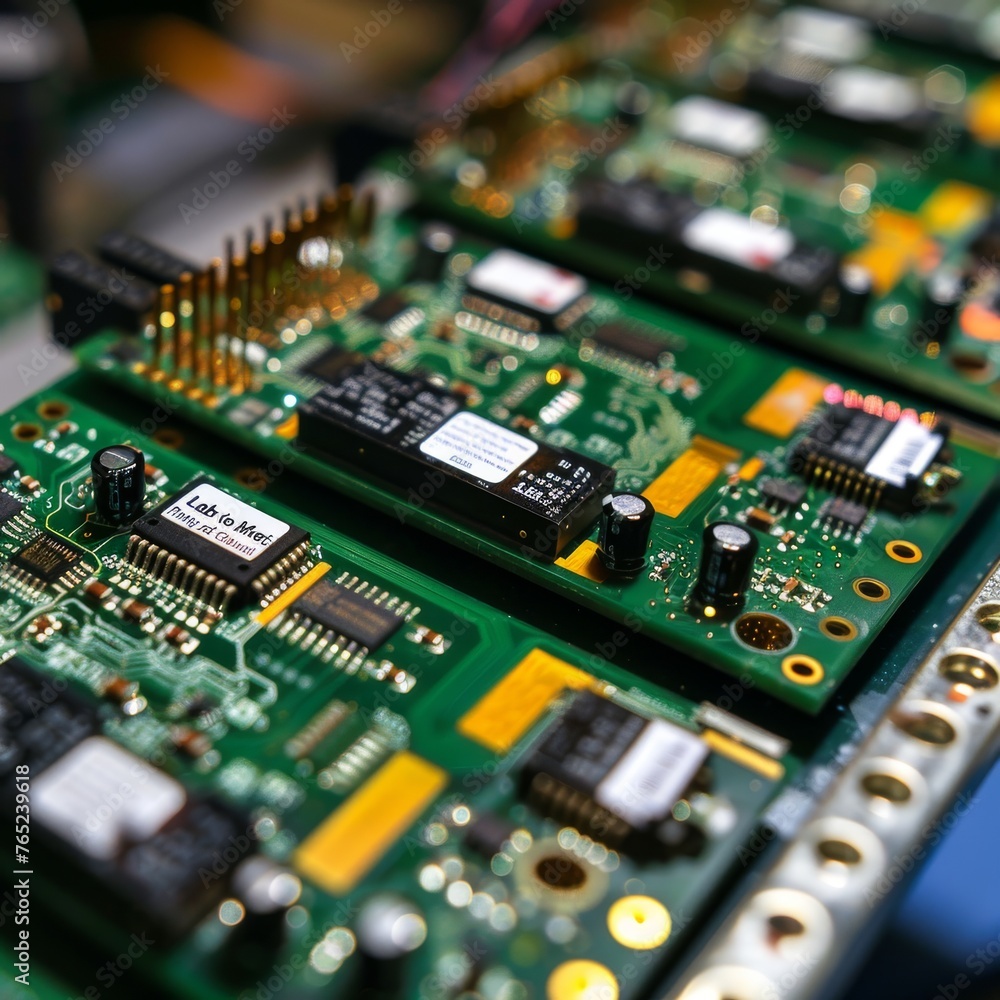 Poster a close-up view of detailed electronic circuit boards, emphasizing the complexity and precision of m