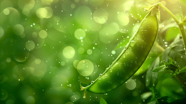 A green pea glistening with moisture with dew and water droplets in the air. Fresh and juicy green peas with shiny skin reflect water drops. Pea in the fullness of nature.