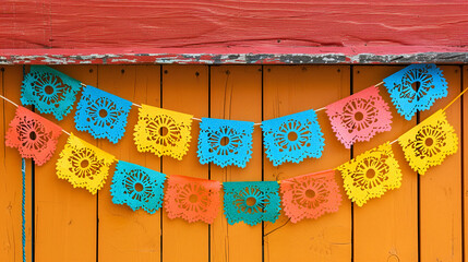 Vibrant Mexican Paper Garlands Decoration, Cinco De Mayo Celebrations Traditional Picado Banner Festive, Multicolored Patterns in Holiday Backdrop
