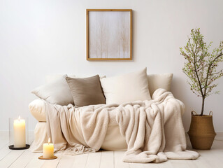 Scandinavian, hygge interior design of modern living room, home. Fur throw on beige sofa.