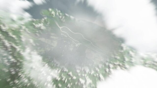 Earth zoom in from space to Iracoubo, French Guiana. Followed by zoom out through clouds and atmosphere into space. Satellite view. Travel intro. Images from NASA