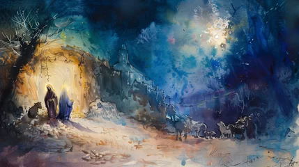 Fotobehang Christmas Nativity Scene. Watercolor Painting. Biblical Illustration © UDVStock