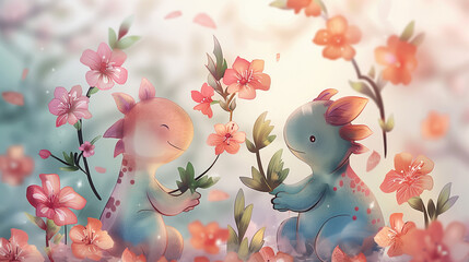 Spring illustration of funny pastel dinosaurs in love on a light background, minimal concept