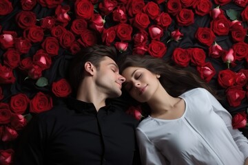 A loving couple lies surrounded by a sea of red roses on a black backdrop, creating an intimate and romantic setting. Couple Surrounded by Red Roses on Black Background