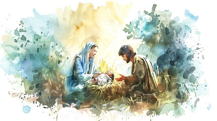 Christmas Nativity Scene. Watercolor Painting. Biblical Illustration