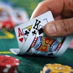 A dramatic reveal of a poker hand, with a focus on the Ace and King of hearts, amidst a casino setting with chips in play.
