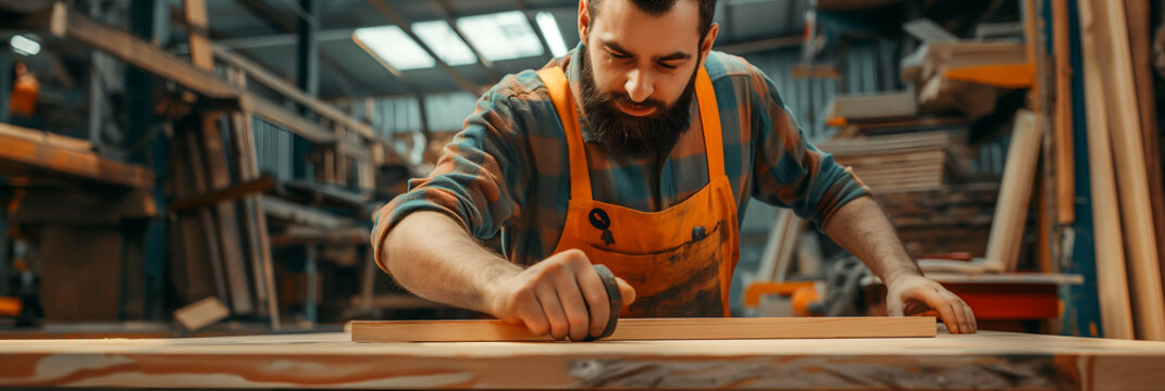 Male Carpenter Doing Woodwork In Carpentry Factory, Professional Photography