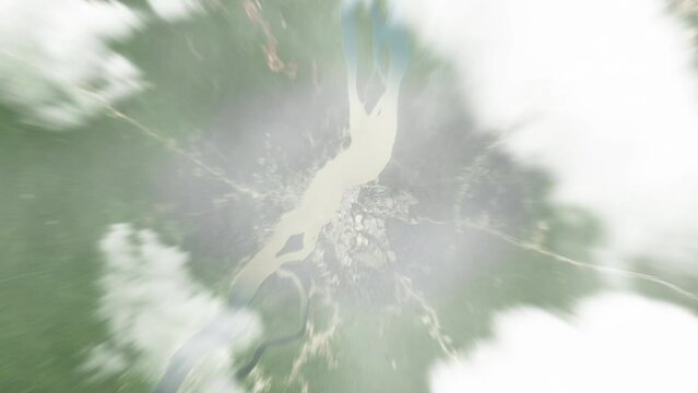 Earth zoom in from space to Saint-Laurent-du-Maroni, French Guiana. Followed by zoom out through clouds and atmosphere into space. Satellite view. Travel intro. Images from NASA