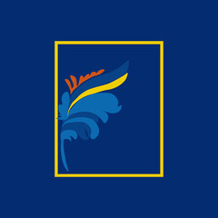 Flower logo. Traditional Ukrainian painting of Petrykivka. Elements of blue and yellow floral ornament. Decorative vector illustration.