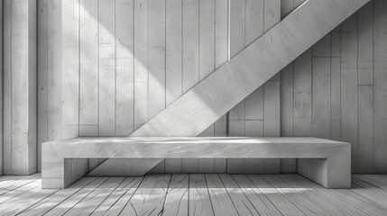 An abstract geometric background with crossed lines, corners, and polygon shapes forms the background, with a wood table in a light white gradient color as the wall.