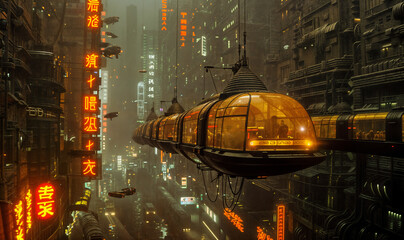 A futuristic city with neon signs, floating automotives, and skyscrapers. A yellow helicopter taxi is on a rainy street