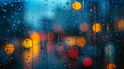 The view through a window on a rainy day is blurred and colorful with dripping water down the glass.