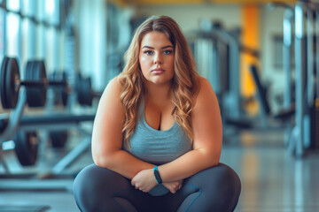 Portrait of a sad beautiful young overweight woman in a sports gym, against the background of exercise equipment, the concept of weight loss and healthy lifestyle, the problem of obesity