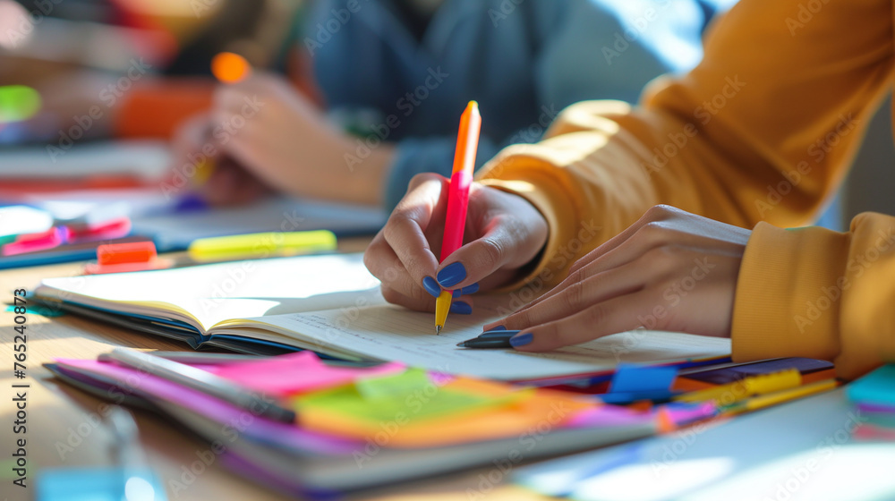 Poster a close-up of a non-binary person's hands taking notes during a workshop, their notebook filled with