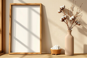 Portrait frame mockup with copy space for artwork, photographs, painting, printed presentation and cotton branch in a light vase near a beige wall in eco style with window shadows