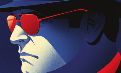 Retro style illustration of a male intelligence agent or spy or bandit with red glasses and hat