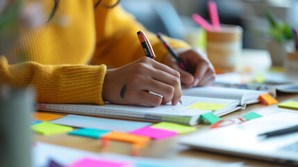 A close-up of a non-binary person's hands taking notes during a workshop, their notebook filled with colorful tabs and pens, showcasing attention to detail and active participation