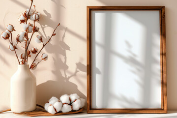 Portrait frame mockup with copy space for artwork, photo, painting, print presentation and cotton branch in a white vase near white wall .