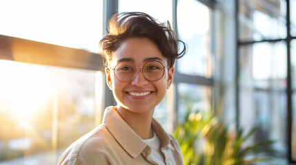 A portrait of a trans business leader smiling confidently at the camera, their office's large windows allowing the morning light to cast a warm glow, symbolizing a new dawn for inc - obrazy, fototapety, plakaty