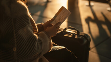 A close-up of a businesswoman's hands, holding a passport and boarding pass, with her suitcase...
