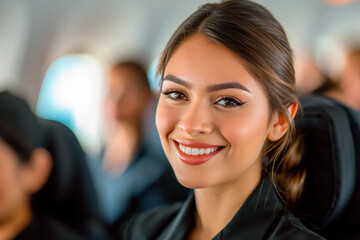 Beautiful smiling Latina stewardess on an airplane against the background of a blurred airplane cabin, portrait, close-up, copy space