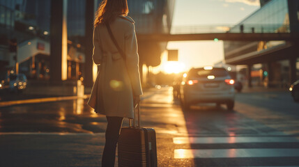 A businesswoman hailing a taxi outside the airport, suitcase by her side, on her way to a crucial client meeting, the city's hustle and bustle illuminated by the soft light of dawn - obrazy, fototapety, plakaty