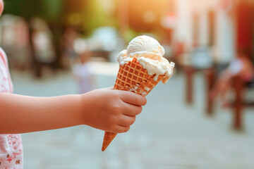 Childish girl's hand holding a scoop of ice cream in a waffle cone
