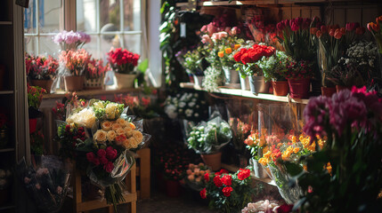 Fototapeta na wymiar A vibrant flower shop, full of colorful blooms and green plants, a florist arranging bouquets for delighted customers, the shop bathed in natural light, enhancing the beauty of the