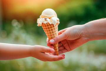 An adult man's hand gives a child's girl's hand a scoop of ice cream in a waffle cone