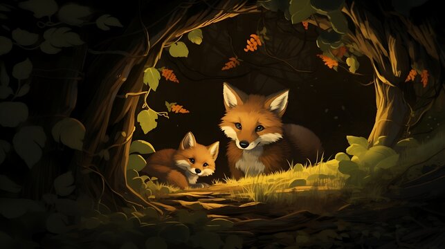 An idyllic forest scene capturing a family of vixen, their sleek forms moving gracefully among the trees as they explore their natural habitat.





