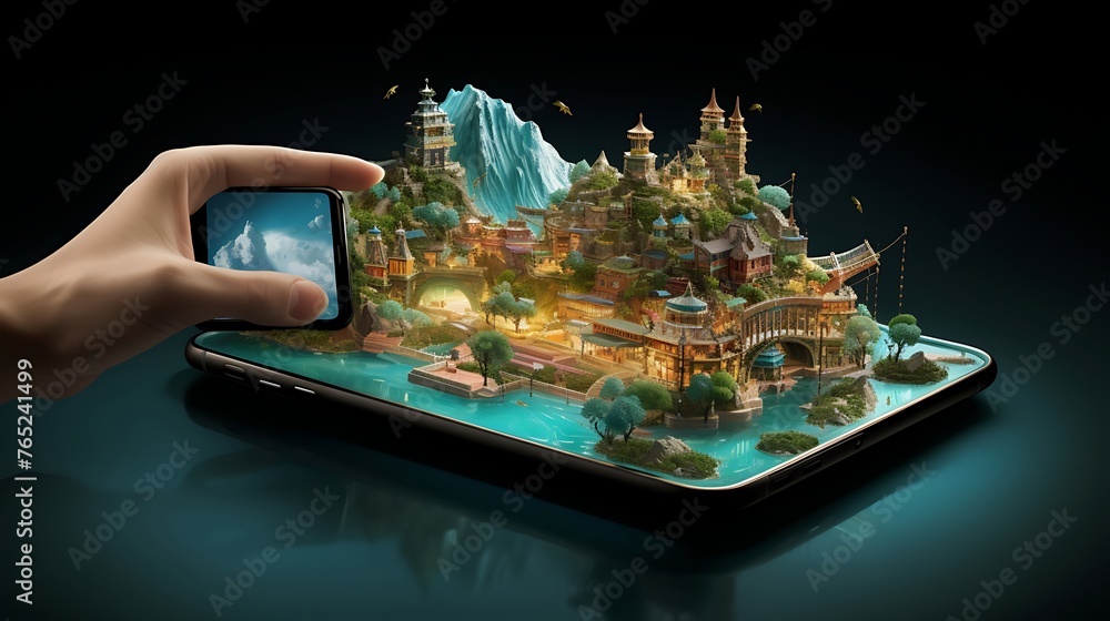 Poster a mesmerizing and richly detailed world materializing on the mobile surface, offering users an immer
