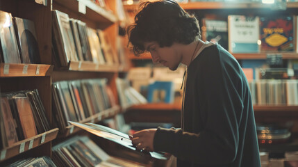 A vintage record store owner flipping through vinyl albums in front of a wall of records, their...