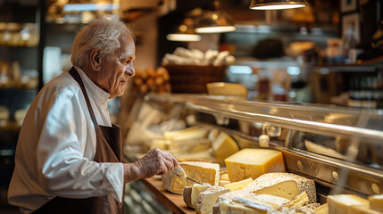 A specialty food market owner sampling cheeses in front of a deli counter, their expertise and love...
