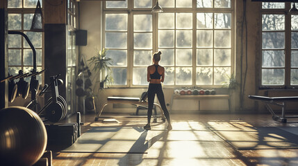 A fitness studio owner standing confidently in their well-equipped gym, the morning light streaming in through large windows, highlighting the space for personal growth, natural li - obrazy, fototapety, plakaty