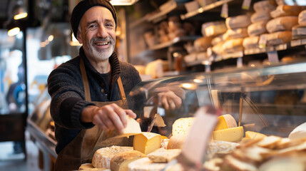 A specialty food market owner sampling cheeses in front of a deli counter, their expertise and love for gourmet foods accentuated by the soft lighting, natural light, soft shadows,