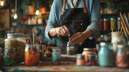 A craft store owner demonstrating a DIY project at a workshop table, the shop filled with crafting supplies and the creative spirit, enhanced by gentle sunlight, natural light, sof