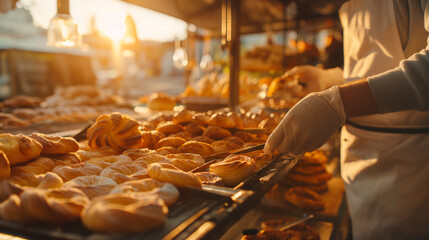 A bakery staff member taking a fresh batch of pastries out of the oven, offering samples to customers, the golden light of morning accentuating the warmth and deliciousness, natura - obrazy, fototapety, plakaty
