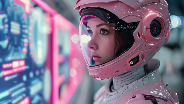 Astronaut Woman in Futuristic Space Helmet and Suit