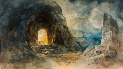 Easter Jesus Christ rose from the dead. Dawn. The empty tomb watercolor painting. Biblical Illustration