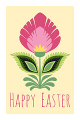 Happy Easter poster with traditional ethnic pattern, folk ornament with flowers - 765241861