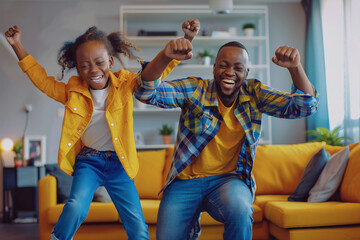 Active african funny dad little son and crazy daughter heavy metal or rock and roll lovers dancing in cozy living room relish life fooling around listening cool music scream with joy enjoy party hard - obrazy, fototapety, plakaty