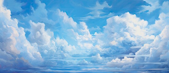 A natural landscape painting of a brilliant electric blue sky with fluffy cumulus clouds hovering over a calm body of water, creating a serene horizon - obrazy, fototapety, plakaty