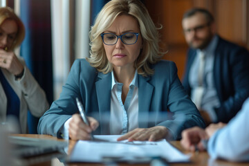 Businessmen sitting at desk headed by middle aged serious concentrated female in eyeglasses checking agreement document before signing it Financial director ready affirm official paper with signature - obrazy, fototapety, plakaty