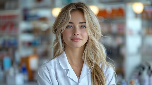 Professional pharmacist offering assistance in a well-lit pharmacy