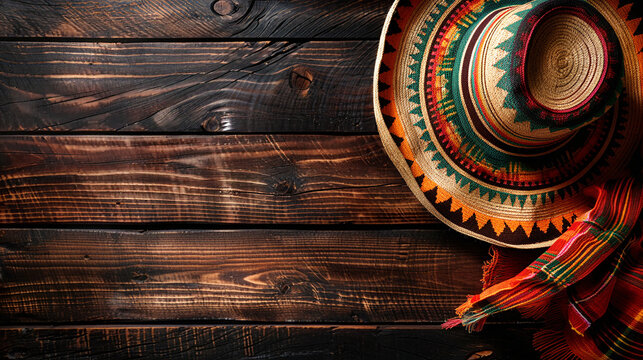 Cinco De Mayo Celebration Themed Image Showing a Mexican Sombrero on a Weathered Wood Background, Perfect to Convey the Spirit of Mexico's Famous Holiday

