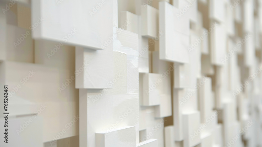 Poster an art exhibit featuring a collection of white canvases each depicting a subtle variation of geometr