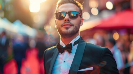 elegant man in a suit on a red carpet surrounded by photographers and lights in high resolution and high quality. concept red carpet, catwalk, elegant - Powered by Adobe