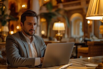 Focused businessman working on laptop in opulent hotel lobby, concept of professional, travel, and mobile office